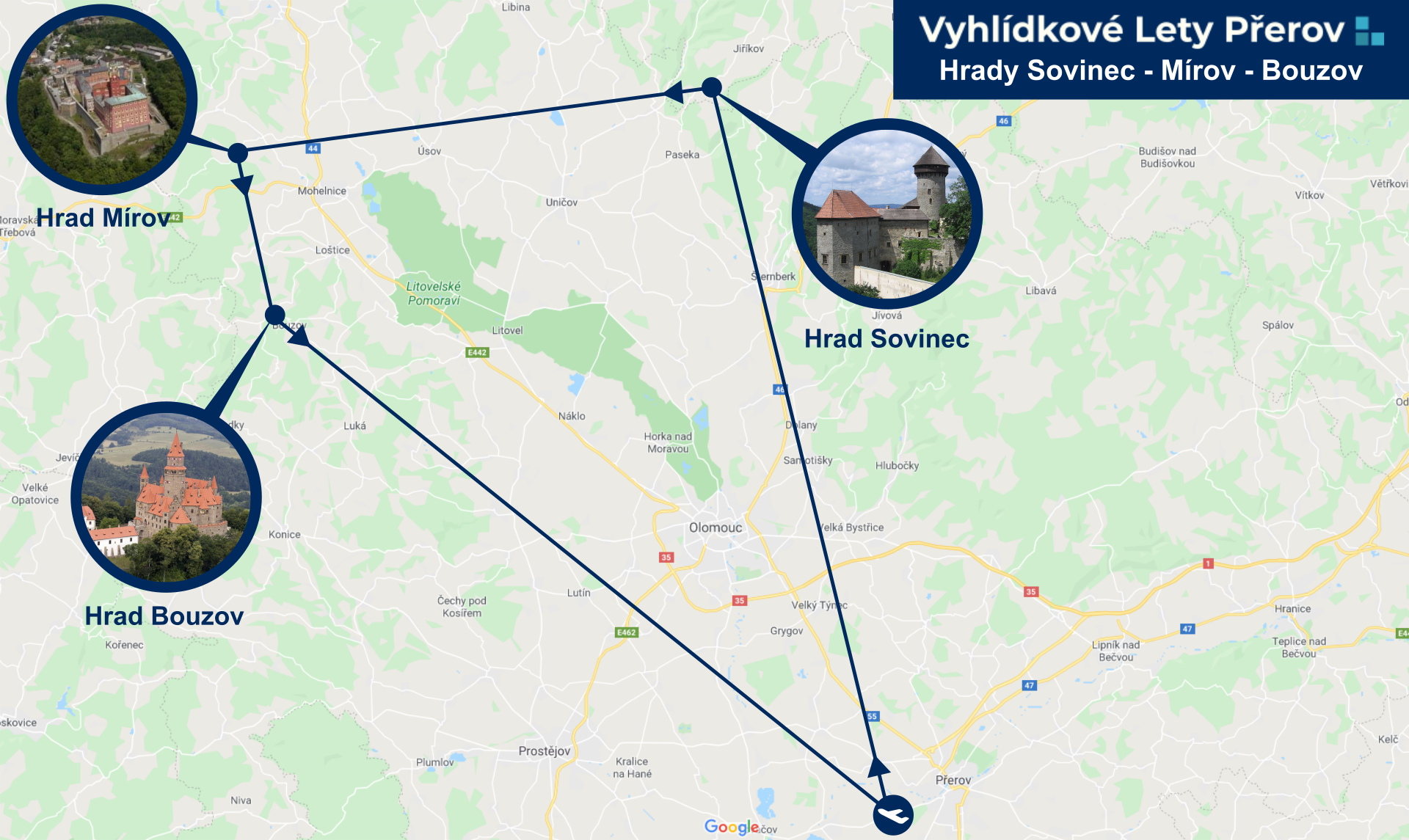 Mapa vyhlídkový let Hrady