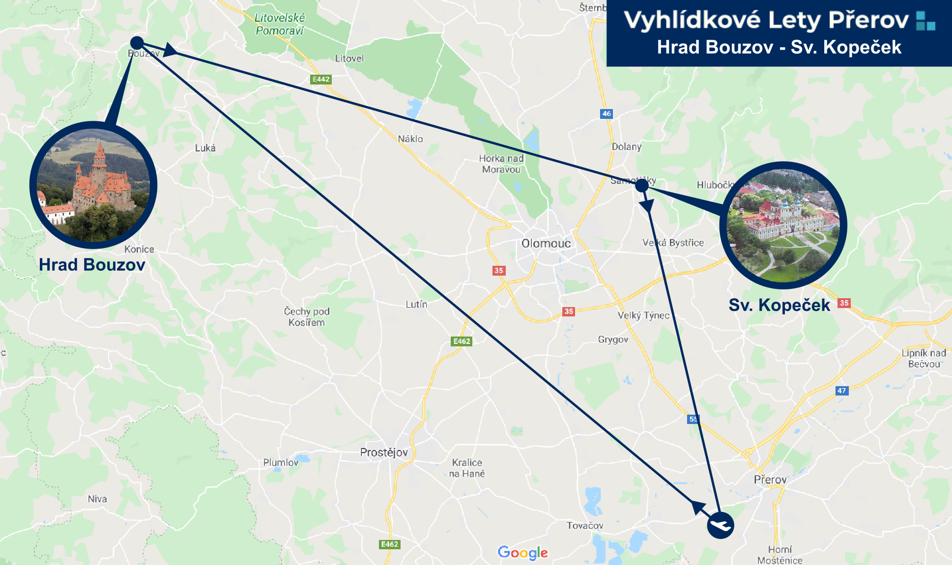 Mapa vyhlídkový let Kopeček